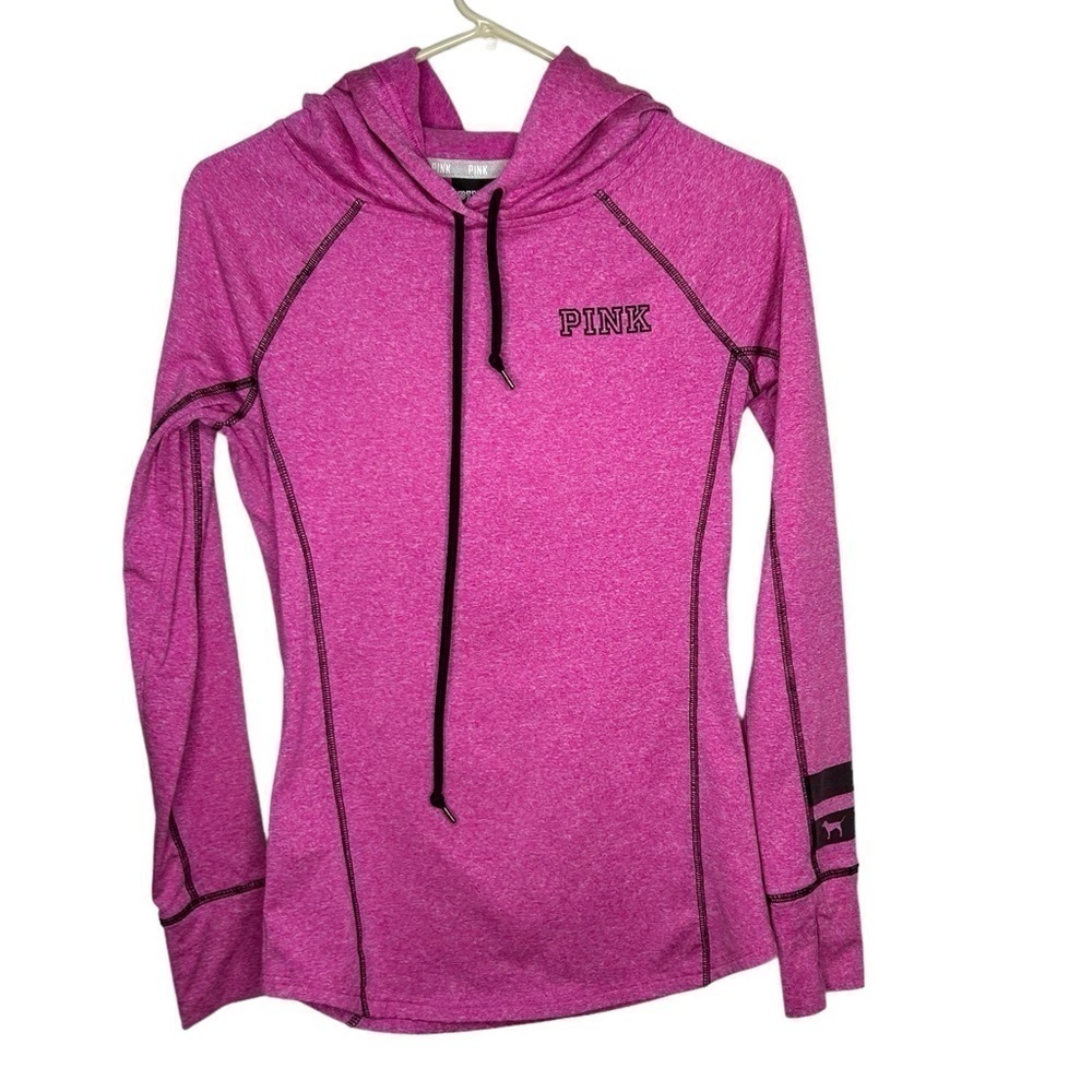 Victorias Secret PINK Pull Over Hoodie XS Thumbholes Zip Back Pocket Pink